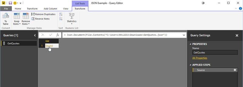 Power BI JSON - Power Query Editor First Page